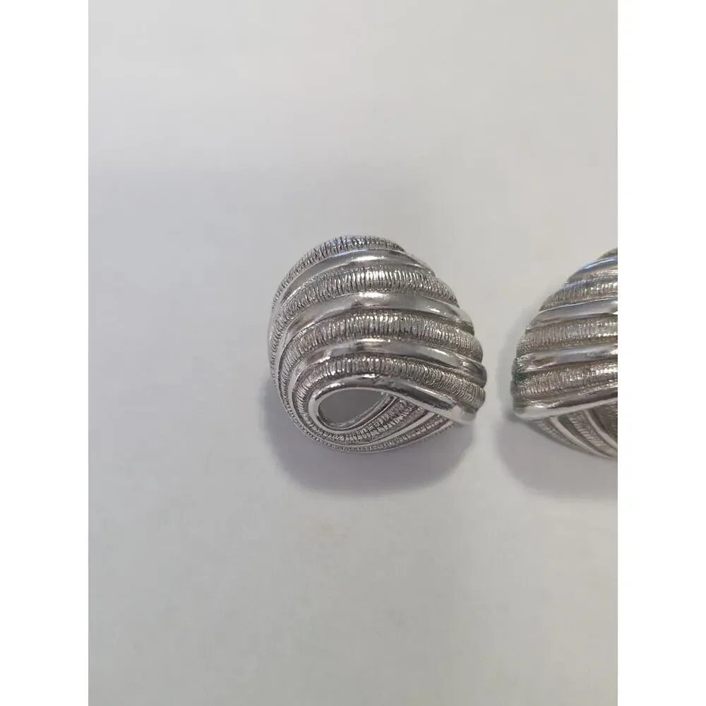 Vintage Crown Trifari Signed Earrings Textured Silver Tone Metal Swirl Clip On